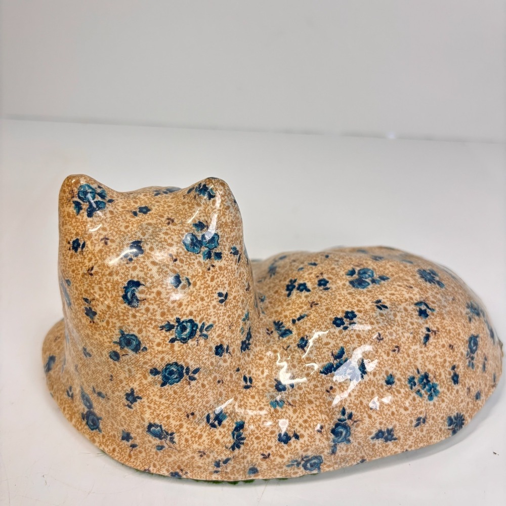 Vintage Papier Mache Cat Figurine Floral Blue Flower Decoupage Cottagecore Decor - Picture 6 of 12